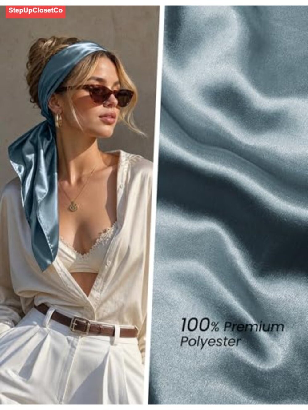 Large Satin Square Scarf 35" Solid Color Silk Feel Wrap Headscarf for Women - Picture 5 of 6